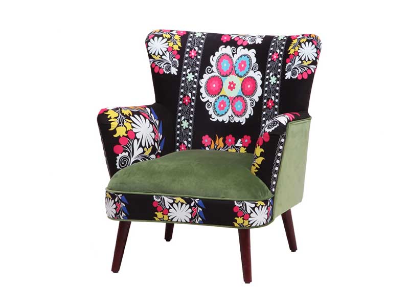 Armchair Solid Wood Wingback Velvet Fabric Fowered with Wood Legs